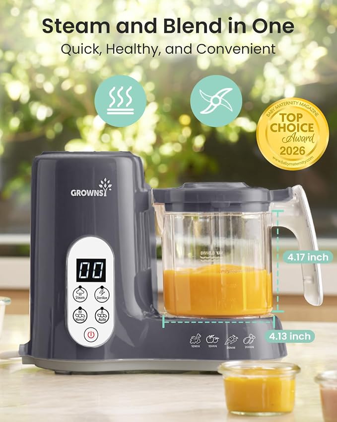 Grownsy Baby Food Maker, Steamer & Blender Baby Food Processor, Dark Grey | BPA-Free Elevated Steam Basket, Healthy Homemade Baby Food Purees, Starting Solids & BLW, Baby Feeding Essentials, 6+ Months
