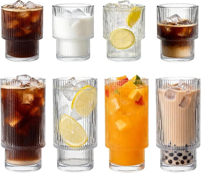 Ribbed Drinking Glasses Set of 8, Stackable Glass Cups with 4 Tall 16 oz Highball Glasses and 4 Short 7 oz Tumblers for Iced Coffee, Water, Cocktails and Whiskey