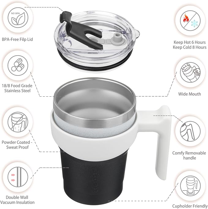 BJPKPK 10 oz Mini Tumbler with Lid, Straw & Handle, Insulated Steel Cup | Small, Spill Proof, Leak Proof, Thermal, Double Wall Vacuum, Sweatproof, Dishwasher Safe, BPA Free, Day & Night