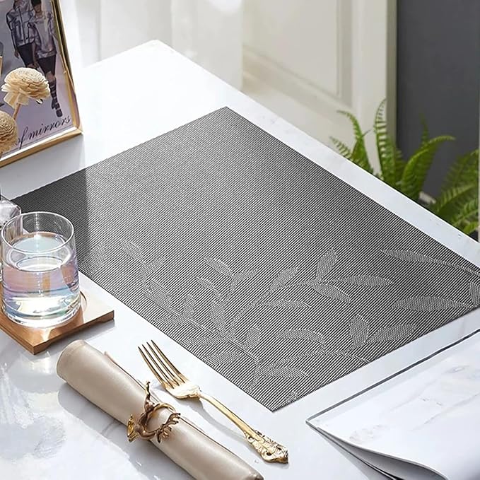 Leaf Placemats Set of 8 Non-Slip Heat-Resistant Vinyl Washable Place Mats for Kitchen Table Indoor Outdoor Durable (18"x12", Black)