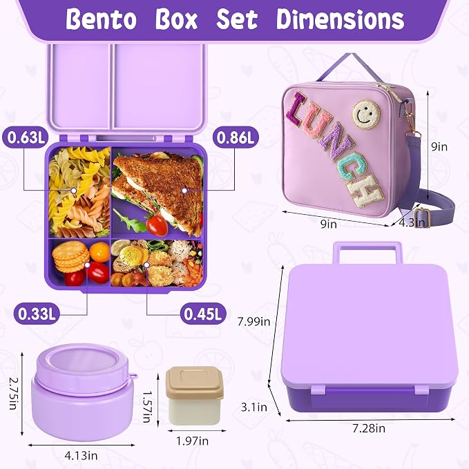 Aimsnk Lunch Box Kids with Thermo Insulated Lunch Bag for School, Purple | Bento Lunch Box for Kids with 8oz Food Jar, Leak Proof Hot Lunch Containers with 4 Compartment, Warm Lunchbox for Toddler