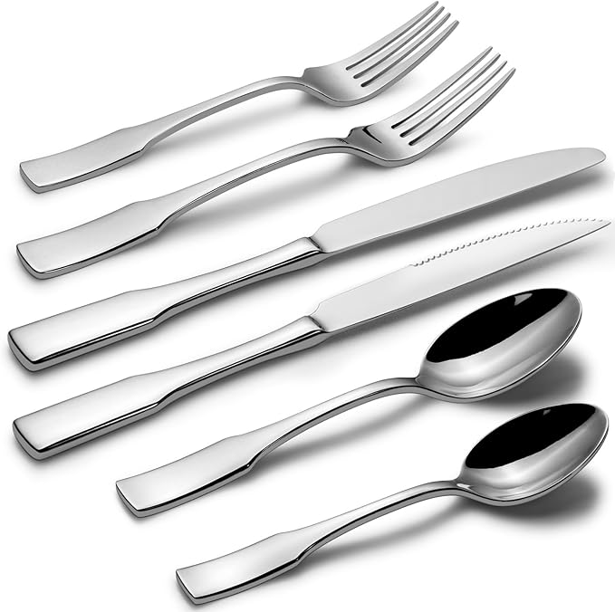 Alata Kate 24-Piece Silverware Set with Steak Knife, Stainless Steel Flatware Set Service for 4, Mirror Polished Cutlery Set Dishwasher Safe