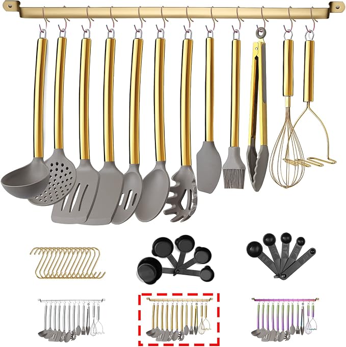 38 Piece Silicone kitchen Cooking Utensils Set with Utensil Rack, Silicone Head and Stainless Steel Handle Cookware, Kitchen Tools for Utensil Sets, Non-Stick kitchen Gadgets, Dishwasher Safe (Gold)