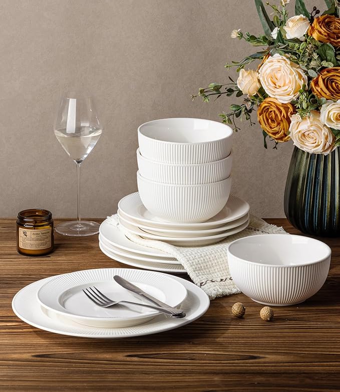 Ceramic Dinnerware Set for 4, 12-Piece Plates and Bowls Set | Lightweight Porcelain Dish Set, Scratch Resistant, Oven & Microwave & Dishwasher Safe, Bright White