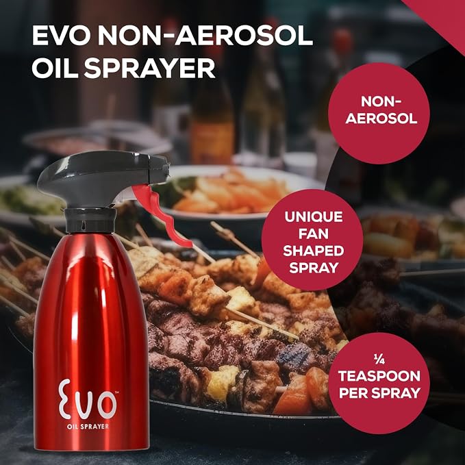 Evo Oil Sprayer Bottle, Non-Aerosol for Olive Oil and Cooking Oils, 18/8 Stainless Steel, Red, 16-ounce Capacity