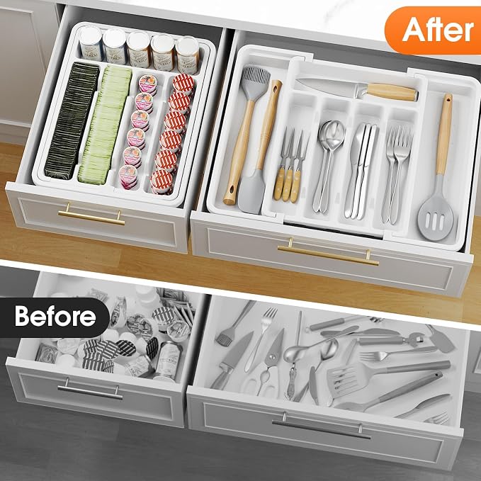 SpaceHacks Silverware Organizer，Adjustable & Expandable Drawer Organizer | Utensil Drawer Organizer, BPA Free Utensil Holder, Cutlery Tray for Forks, Spoons, Knives in Kitchen, Medium, White