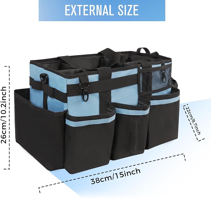 SCAVATA Wearable Cleaning Caddy, Cleaning Caddy Supplies Organizer with Handle & Shoulder Straps for Housekeepers, Under Sink & Car Cleaning Tool Organizers Bag with 4 Foldable Divider (Blue)