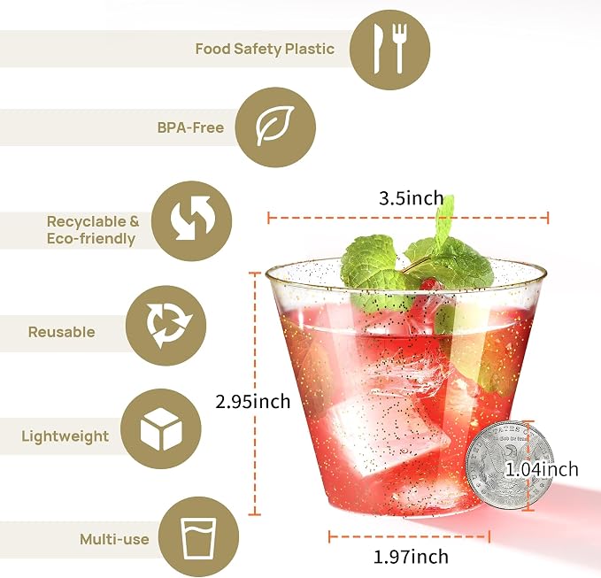 Byvivace [200 Pack 9oz Plastic Cups with Gold Glitter Sturdy & Food Safe Plastic Wine Glasses Disposable Cups Party Wedding Cups Cocktail Glasses for Wine, Juice & Cold Beverages