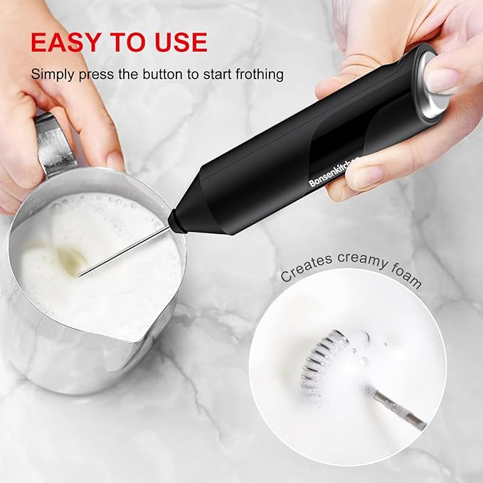 Bonsenkitchen Milk Frother for Coffee, Battery Operated （Not Iincluded) | Fast Handheld Drink Mixer with Stainless Steel Whisk, Powerful Hand Frother, Creates Rich Foam