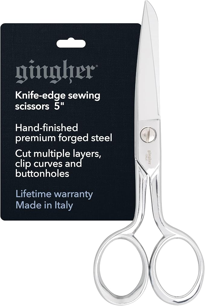 Gingher 5" Straight Fabric Scissors for Cutting Curves & Buttonholes | Premium Hand-Finished Forged Steel, Sharp Knife Edge Sewing Scissors for Cutting Cloth, Ambidextrous Design, Leather Sheath