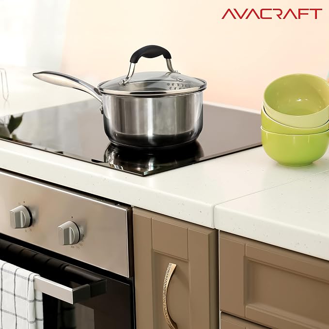 AVACRAFT 1.5 Quart Stainless Steel Saucepan with Glass Strainer Lid | 18/10 Stainless Steel, 5-Layer Capsule Base, Pour Spouts, Ergonomic Handle, Induction Compatible, Oven Safe, Dishwasher Safe