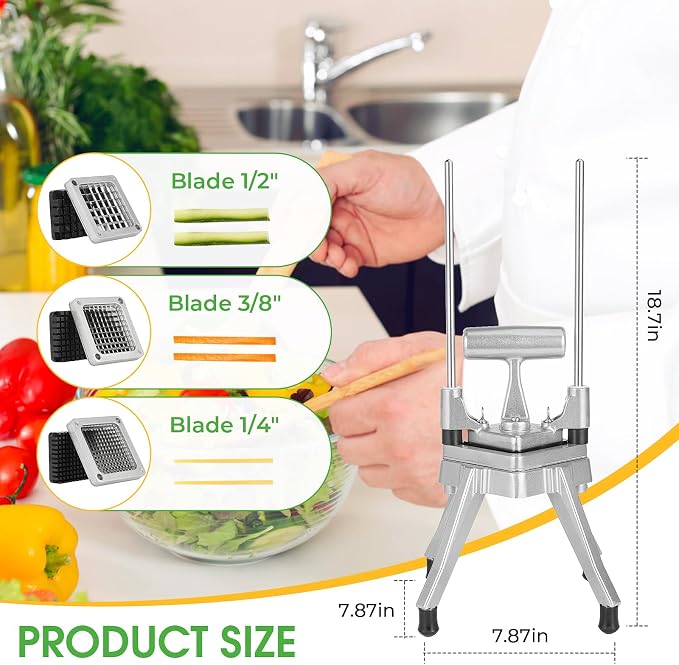 Commercial Vegetable Chopper & French Fry Cutter, 3-Blade Dicer | 1/4", 3/8" & 1/2" blades, aluminum alloy frame, 420 stainless steel cutters, non-slip feet for stability, fast uniform prep