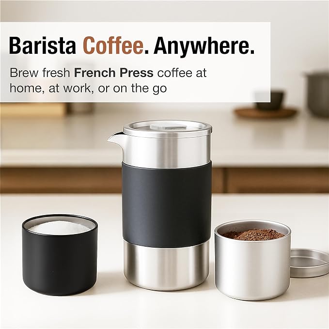 Small French Press Coffee Maker Set - 12 oz | Portable Travel French Press Coffee Maker | Double Wall Insulated with Dual Stainless Filters & 2 Steel Canisters for Grounds, Tea, Creamer & Sugar
