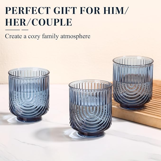 Blue Vintage Drinking Glasses Set of 6-15oz Hand-Blown Highball Ribbed Glassware, Arch Design Cocktail Glasses for Whiskey Water Beverages Ice Coffee Juice Milk