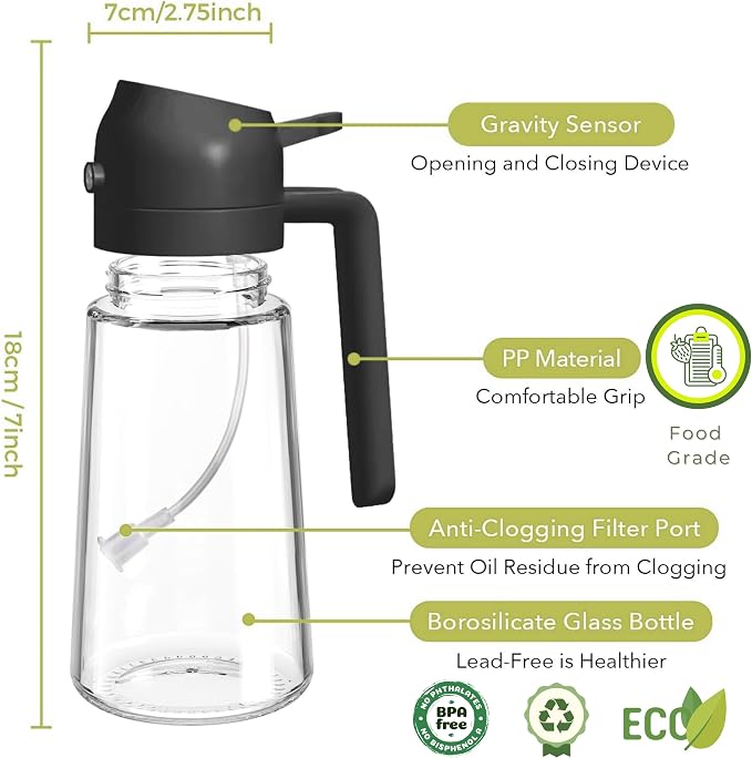 Glass Olive Oil Sprayer for Cooking 16oz/470ml – Transparent 2-in-1 Glass Oil Sprayer & Dispenser with 9 Labeled Stickers, Kitchen Gadgets & Air Fryer Accessories, Olive Oil Dispenser – Black