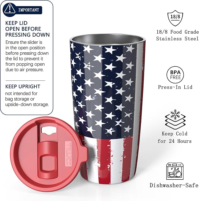 TILUCK 20 oz Insulated Coffee Tumbler with BPA-Free Lid | Travel Coffee Mug, Dishwasher Safe, Cup Holder Friendly, Double-Wall Vacuum Insulation for Hot & Cold Drinks, RedFlag
