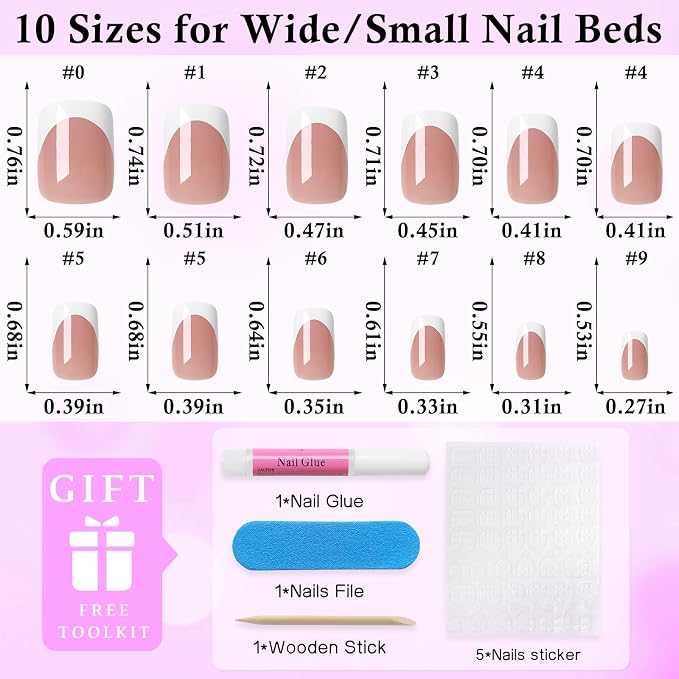 240pc White French Tip Press on Nails Short Square Acrylic Nail, Coffee Press ons Fake Nails with Glue, 12 Sizes Glue on Nails Short Press on Nail Round Square Artificial Stick on Nail for Women
