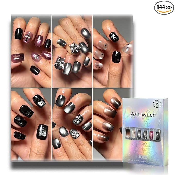 6 Packs (144 Pcs) | Reusable Press on Nails | cute nails | 6-Style Bundle | 12 Sizes | Each Style 24 Pcs | 3D Silver Butterfly Charms