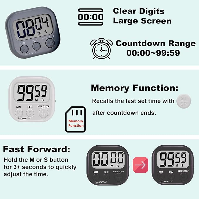 6-Pack Digital Kitchen Timer, 99-Min 59-Sec Countdown & Stopwatch, Loud 100dB Alarm, Strong Magnet, Power-Saving On/Off Switch, Time Memory, Classic Colors, Multiple Placements, Batteries Included