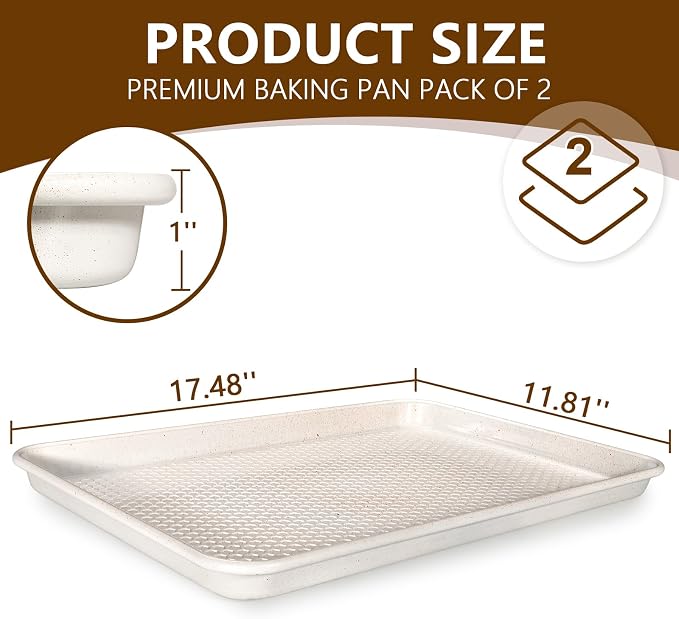 Wildone Baking Sheet Pan Set of 2, Honeycomb Embossed Nonstick Cookie Sheet | Thicker Carbon Steel Half Sheet Pan Oven Tray 17.5x12 Inch, Heavy Duty & Easy Clean, White