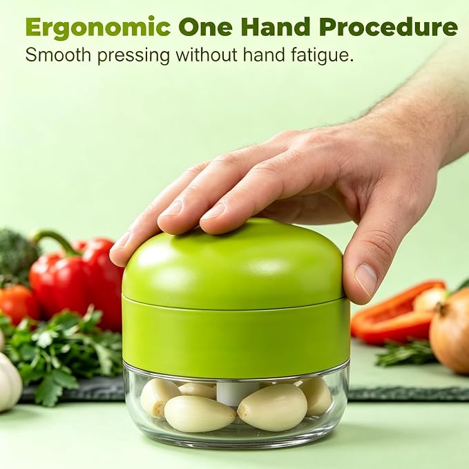 Garlic Crusher and Mincer,Garlic Press and Chopper with Container, Stainless Steel Blade Garlic Slicer, Manual Garlic Cutter for Kitchen Cooking and Food Prep -green