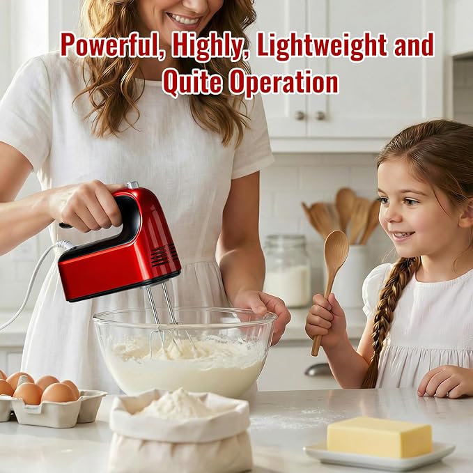 CBQ Hand Mixer Electric, 9 Speed 400W Handheld Mixer with Digital, Touch Button, Turbo, Snop-On Storage Case, 5 Stainless Steel Accessories, Hand Mixer Electric Handheld for Cake, Cookie, Egg (Red)