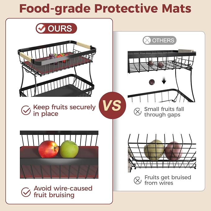 3-Tier Fruit Basket with Banana Hangers, Detachable Metal Bowl | Wooden handle, protective mats included. Versatile holder for bread, snacks, and veggies. Large 3 tier metal design.
