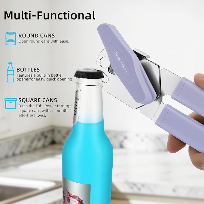 Tin Joy Family™ Manual Can Opener – Sharp Blade with No Sharp Edges, Easy Grip Handle for Arthritis Hands, Smooth Lid Safety Cutter for Elderly & Weak Hands (Grape purple)