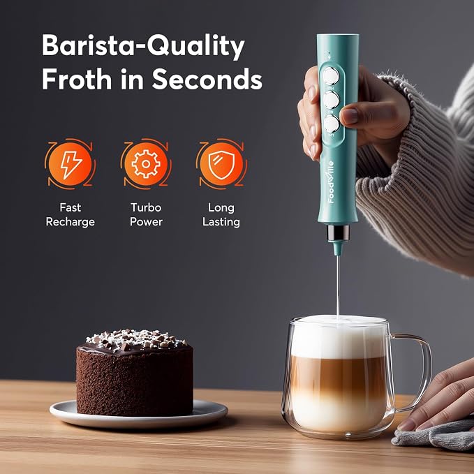 MF02 Rechargeable Milk Frother Handheld Foam Maker with Stainless Whisk for Cappuccino, Latte, Bulletproof Coffee, Keto Diet, Protein Powder, Matcha (Turquoise Green)