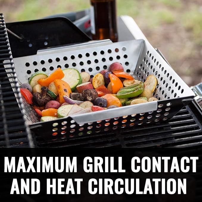 Grill Basket for Outdoor Grill - Durable Premium Stainless Steel Vegetable Grill Basket - XL Family Size BBQ Grill Basket - Perfect Grilling Accessories for Veggies, Fish, Shrimp & Kebabs | Family-Sized | Dishwasher Safe | Stainless Steel | Includes Ha...