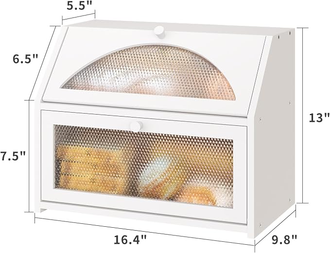 White Bread Box, Bamboo Wood Bread Box for Kitchen Counter, Double-layer Bread Storage Bin, Acrylic glass with Diamond Patterns (White, Large)