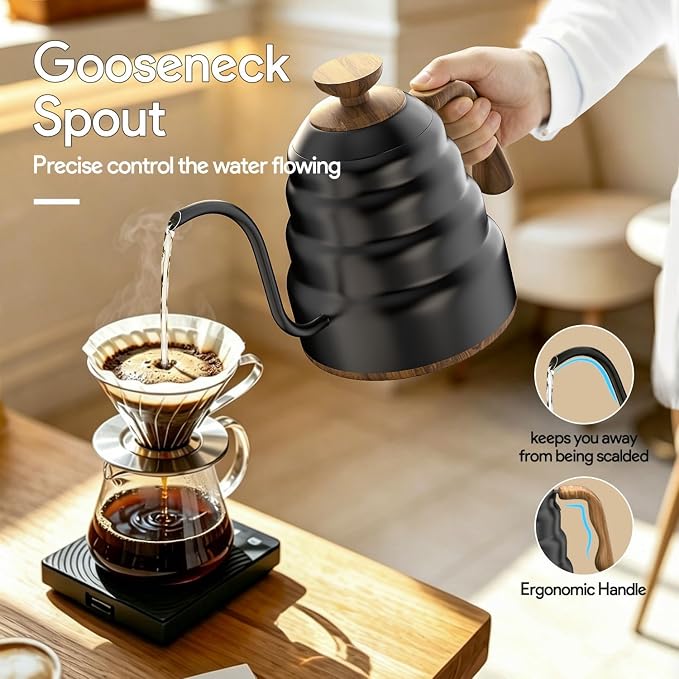Electric Gooseneck Kettle, 30oz/0.9L Intelligent Temperature Control, Quick Heating, 304 Stainless Steel for Pour Over Coffee, Brew Tea, Boil Hot Water, 1000W （Black）