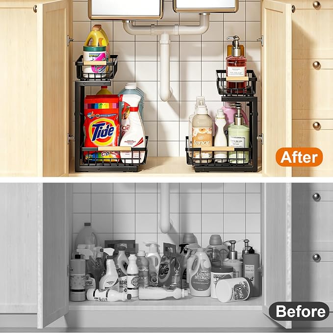 Under Sink Organizer, 2 Pack Height Adjustable Under Sink Organizers and Storage, 2 Tier Pull Out Drawer Cabinet Storage for Kitchen Bathroom