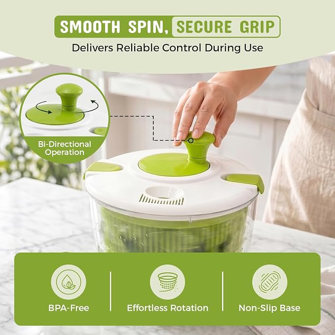 Salad Spinner, Lettuce Spinner with Drain, Vegetable and Fruit Washer, Salad Dryer for Washing, Spinning, and Drying Greens, Fruits and Vegetables, 5.3 Quarts Capacity
