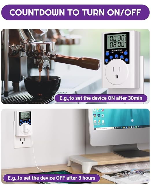 NEARPOW Programmable Digital Timer Outlet, Infinite Cycle, 2-Pack | Indoor 15A/1800W for Electrical Outlets, Multiple Daily Timers, Customized Countdown, Energy-Saving, Child Lock, 3-Prong