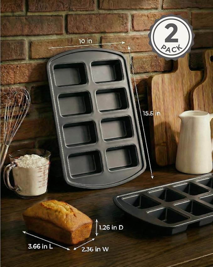 CARTMAN 2-Pack 8-Cavity Mini Loaf Pans, Carbon Steel Bread Pan Set, Black | Includes spatula & brush, 0.6mm carbon steel, nonstick release, for banana bread, mini meatloaf, ideal for keto & meal prep