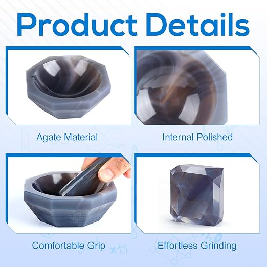 Agate Mortar and Pestle Set - Polished Brazilian Agate Grinder for Lab Grinding, Internal Diameter 70 mm, Depth 21 mm, Hardness 7-7.2