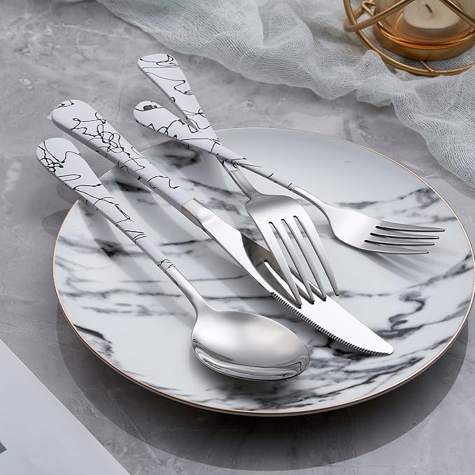 20-Piece White Silverware Set with White Handle 18/0 Stainless Steel Flatware Marbling Handle Cutlery Black Service for 4 Dinner Knives Forks Spoons Set Finish Dishwasher Safe