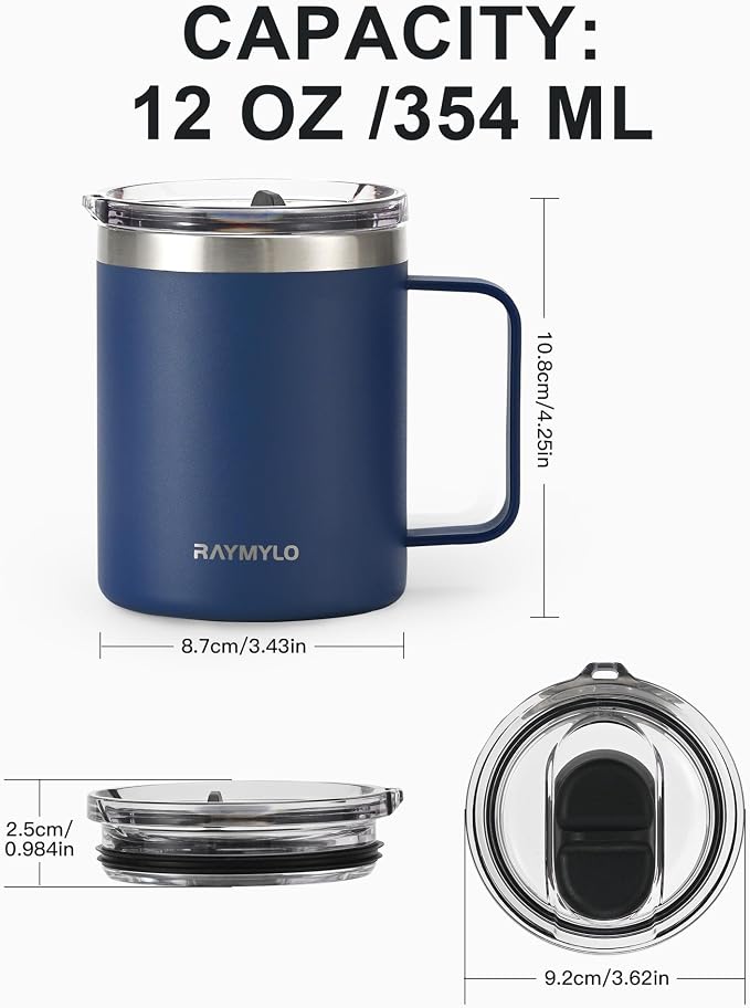 RAYMYLO Insulated Travel Coffee Mug with Handle, Coffee Tumbler Cup 12oz | Detachable Lid for Thoroughly Clean, Thermal Cup with Double-Wall Stainless Steel Vacuum Insulation, Spill Proof & BPA Free