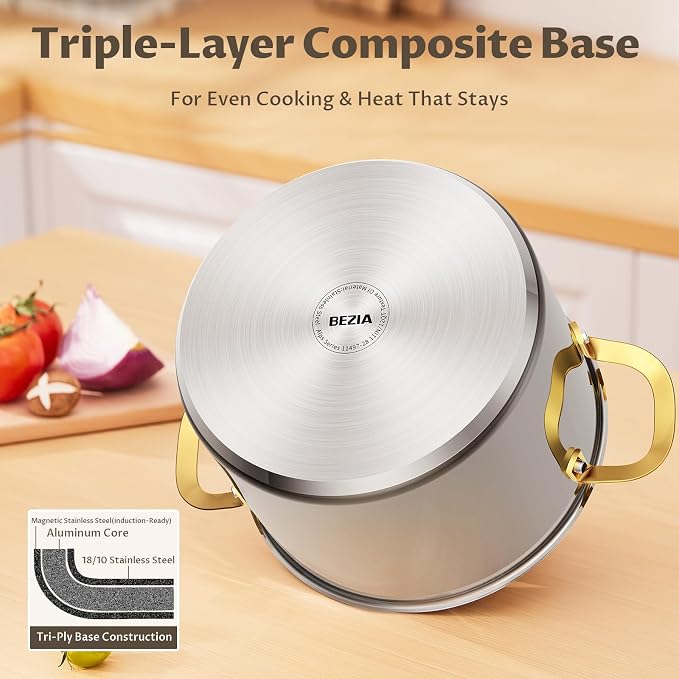 BEZIA 12 QT Stainless Steel Stock Pot, Uncoated Large Soup Pot with Lid | Tri-ply Base for Even Heat, All Stoves Compatible, Oven & Dishwasher Safe, for Seafood Boils, Batch Cooking & Holiday Feasts
