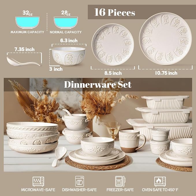 Plates And Bowls Sets, 16 Pieces Dinnerware Sets, Dish Set For 4, Ceramic Kitchen Bowl And Plate Set, Embossed White Dishware Sets, Dishwasher & Microwave Safe (Pinwheel Flower)
