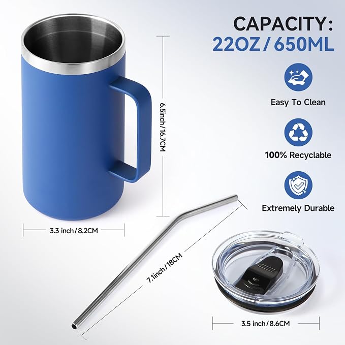 Volhoply 22oz Insulated Stainless Steel Coffee Mug with Leakproof Lid,Double Wall Vacuum Travel Coffee Cup with Handle,Reusable Metal Tumbler,Camping Mugs Keep Hot&Cold(Navy,1)