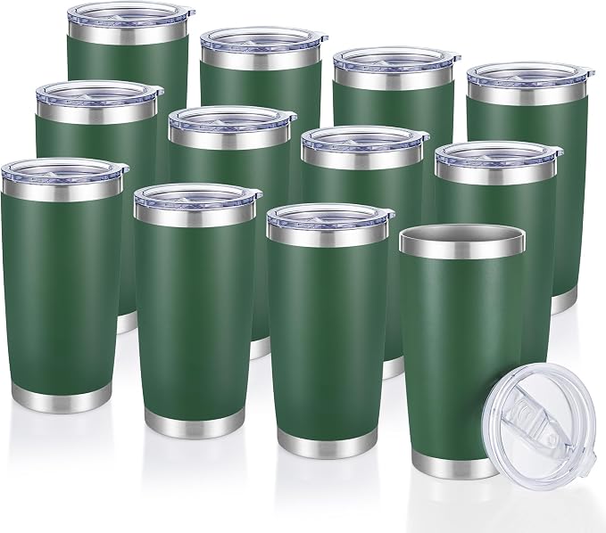 20 oz Tumblers Bulk Stainless Steel Tumbler with Lid, 12 Pack | Deep Green, 20oz Insulated Coffee Mug, Double Wall Vacuum, Powder Coated Cup, for Hot and Cold Drinks