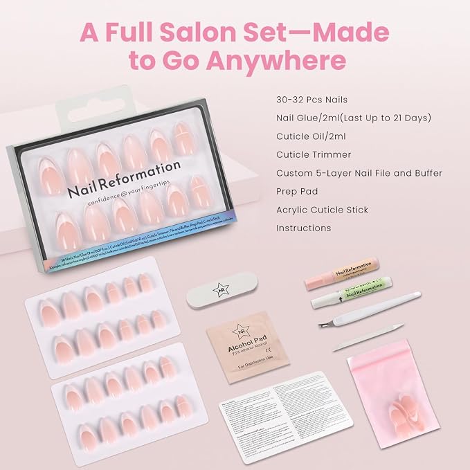 Nail Reformation Press On Nails, Cream Top | Milky Nude Short Almond | Fake Nails with Cream French Tip, Glossy Reusable Stick On Nails Kit - 32 Pcs in 16 Sizes with Glue, Manicure Gifts for Women