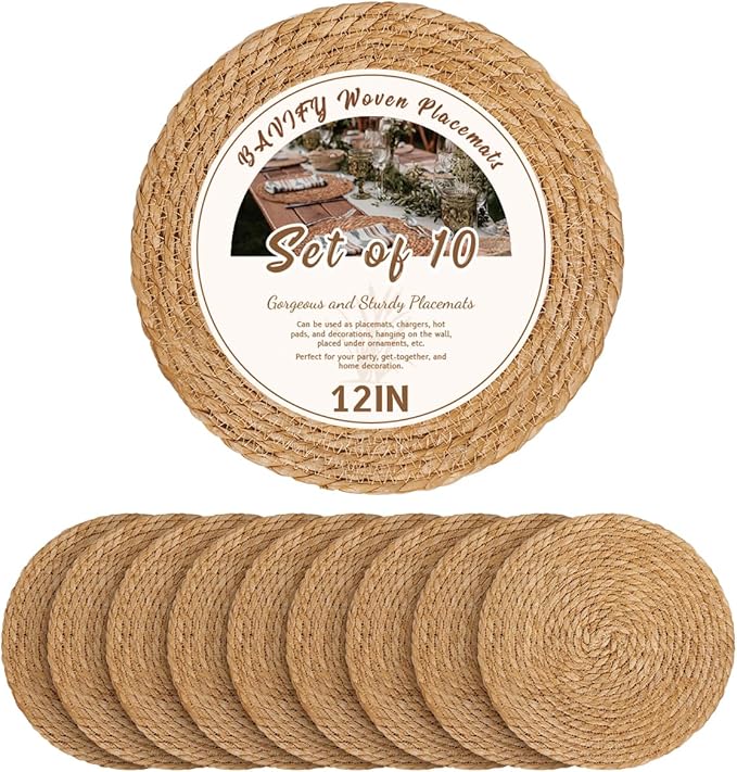 BAVIFY 12" Round Woven Placemats Set of 10, Plate Chargers for Dining Table | 12 Inch Place Mats Set of 10, Wicker Chargers for Dinner Plates, Boho Farmhouse Rustic Table Mats for Dining Table Decor
