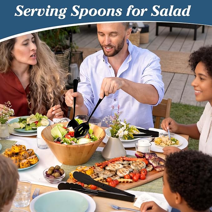 Mwellewm 18Pcs Serving Utensils Set Serving Tongs Serving Spoons for Buffet | Dishwasher Safe, Black Stainless Steel Tableware, Metal Cutlery, for Parties Weeding Entertaining Catering Banquet Birthday