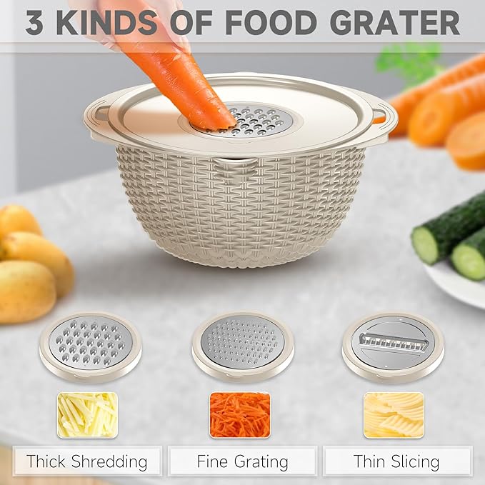 4-1 Colander with Bowl & Spoons Set - Rotatable Colander for kitchen with New Upgraded Graters, Food Strainer(Patented) for Pasta, Fruits, Vegetables, Funny Presents for Women, Beige