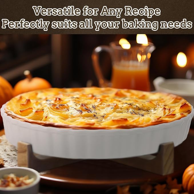 LemonRoad 9 Inch Ceramic Pie Pan with Wood Stand, Deep Fluted Dish | Quiche Dish for Tart Pot Pie, Wooden Stand for Serving, Oven Safe for Creme Brulee Cheesecake, Fluted Ceramic Baking Pan