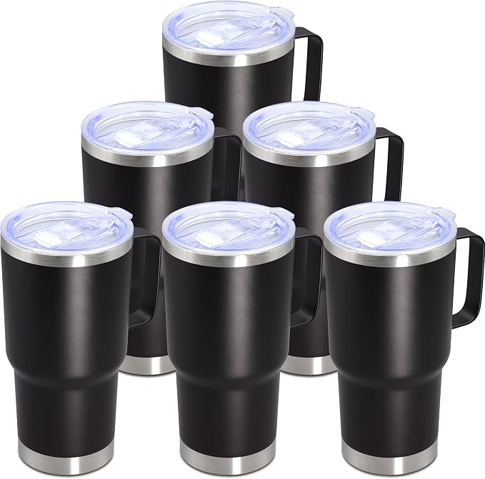 20 oz Tumbler with Handle Coffee Tumblers with Lid Travel Mug Black 6P | 20oz Tumblers with Handle Double-Wall Insulated Vacuum Coffee Mugs Stainless Steel Tumbler with Handles&Lid Black 6P