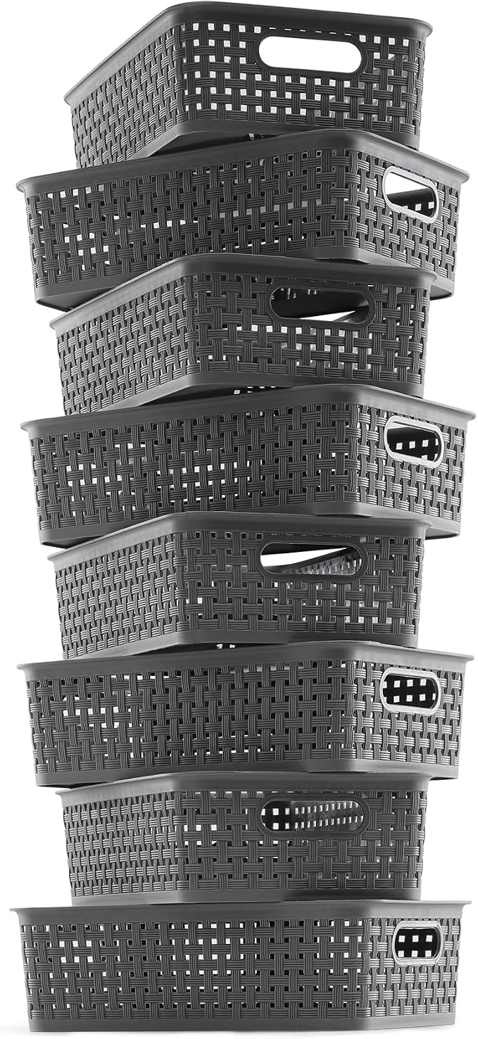 NETANY Plastic Storage Baskets - 8 Pack, Gray, Durable, Easy to Use, Flexible, Multi-Purpose, Ideal for Closets, Cabinets, Shelves, Countertops